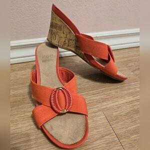 🌈 Impo Welsh Cork Wedge Heels Sandal Red Kiss Open Toe Metal Accent Faux Lamb